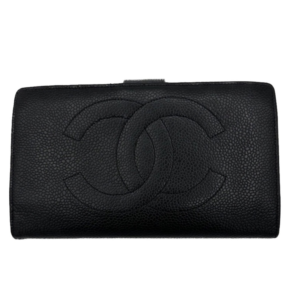 Chanel Black Caviar Leather CC Logo Long Snap Bifold Wallet